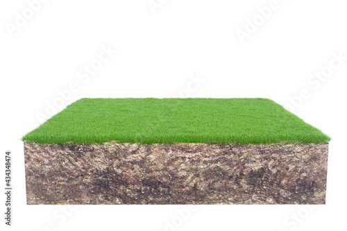 Green grass with soil land geology cross section isolated on white background, 3d render photo