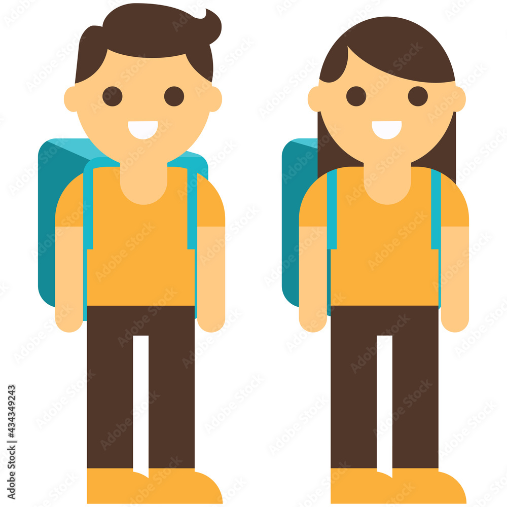 Boy and girl going to school set. Entrance to school. Vector