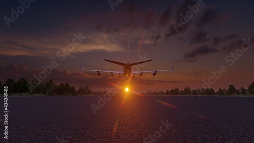 3d rendering, Passenger plane take off from the runway before the light from the sunshine