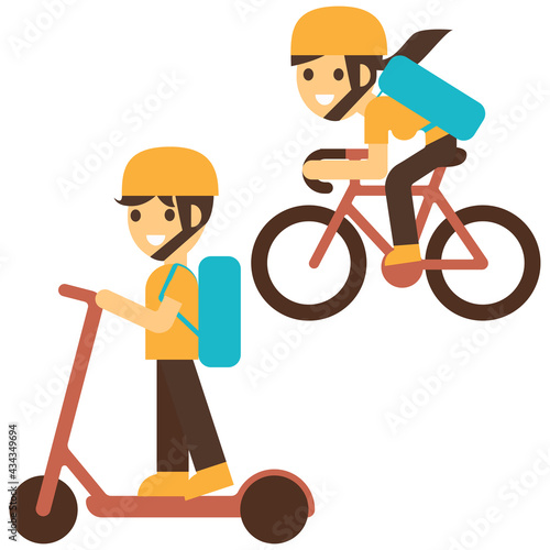 Boy and girl riding to school set. Entrance to school. Vector