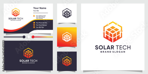 Solar tech logo with creative cube concept and business card design Premium Vector
