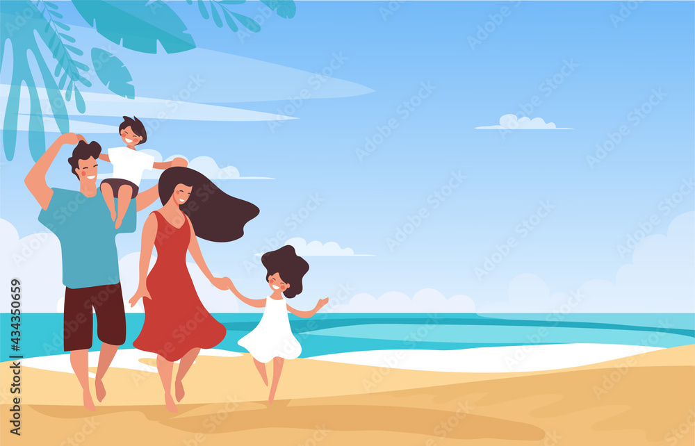 Family vacation on the beach, parents have fun with children at the sea. Mom and dad with a girl and a boy relax in the summer. Flat cartoon illustration. Banner with copyspace.