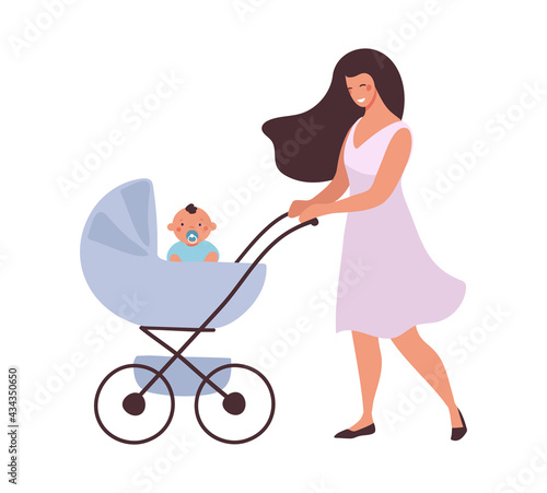 Mom walks with the baby in a stroller. The concept of motherhood, child care, active recreation of a woman with a newborn. Flat cartoon vector illustration isolated on white background.