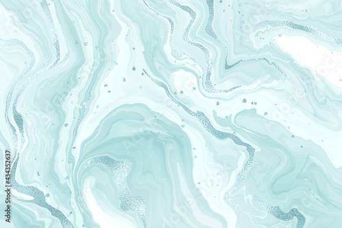 Abstract teal blue liquid marble or watercolor background with glitter foil textured stripes. Pastel marbled alcohol ink drawing effect. Vector illustration design template for wedding invitation