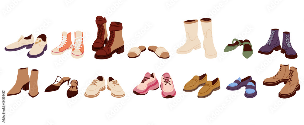 Female modern boots and shoes collection. Trendy sandals and loafers set. Different fashionable sneakers and training shoes in cartoon style. - obrazy, fototapety, plakaty 