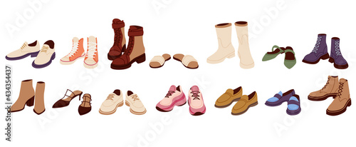 Female modern boots and shoes collection. Trendy sandals and loafers set. Different fashionable sneakers and training shoes in cartoon style.