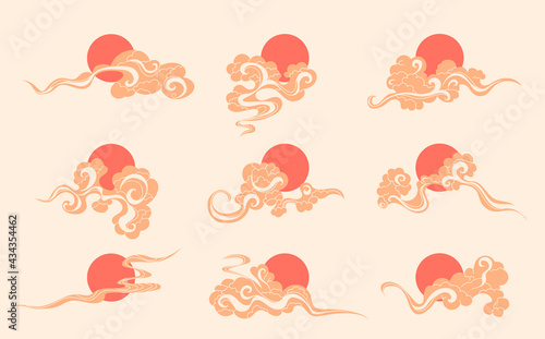 Sun and clouds elements collection . Asian style fog curls isolated set. Different Chinese abstract shapes in cartoon design.