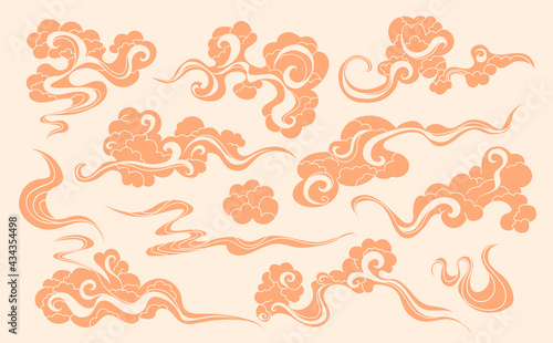 Ornamental clouds elements collection . Asian waves set. Different curly smoke shapes.
