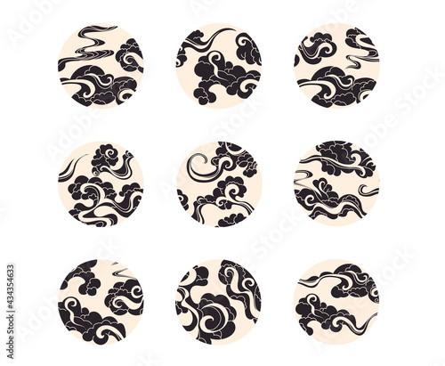Ornamental waves in circle shape isolated vector illustration. Japanese decorative design elements. Monochrome clouds icons