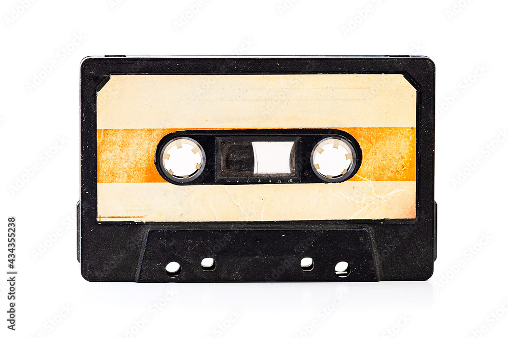 Vintage audio cassette tape. retro audio sound music equipment. Common compact audio cassette, asset data. Selective focus.