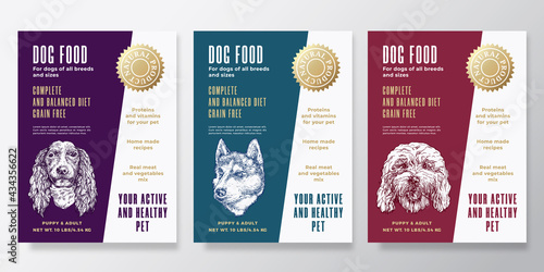 Pet Food Label Templates Set. Abstract Vector Packaging Design Layouts Collection. Typography Banners with Hand Drawn Cockapoo, Husky and Spaniel Dog Breeds Sketch Faces Background. Isolated