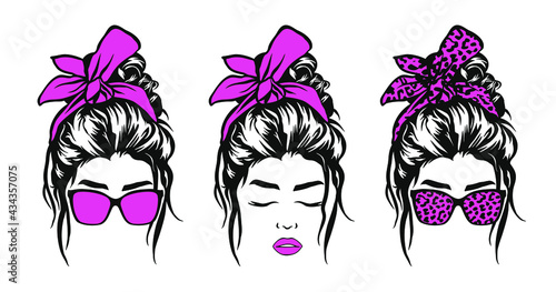 Messy bun with leopard bandana or headwrap and hair bow. Vector woman silhouette. Beautiful girl drawing illustration. Female hairstyle. Long black lashes, closed eyes.