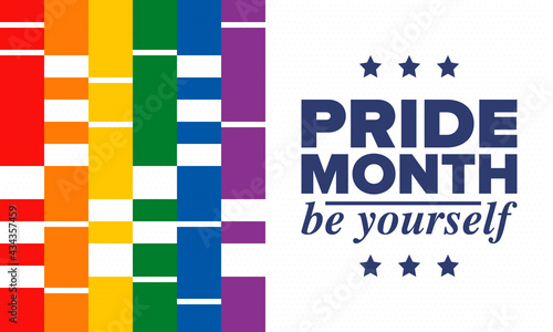 LGBTQIA Pride Month in June. Lesbian Gay Bisexual Transgender. Celebrated annual. LGBT flag. Rainbow love concept. Human rights and tolerance. Poster, card, banner and background. Vector illustration