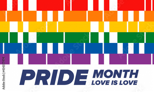 LGBTQIA Pride Month in June. Lesbian Gay Bisexual Transgender. Celebrated annual. LGBT flag. Rainbow love concept. Human rights and tolerance. Poster, card, banner and background. Vector illustration