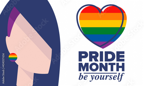 LGBTQIA Pride Month in June. Lesbian Gay Bisexual Transgender. Celebrated annual. LGBT flag. Rainbow love concept. Human rights and tolerance. Poster, card, banner and background. Vector illustration