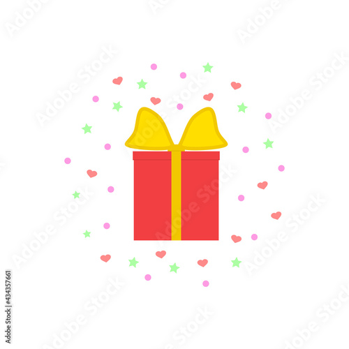 Surprise red gift box, birthday celebration with stars and hearts. Design template for give away package, reward and other ideas. Vector icon, flat illustration.