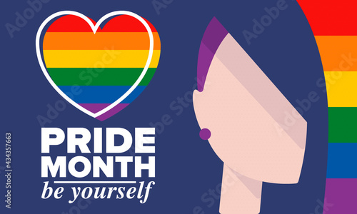 LGBTQIA Pride Month in June. Lesbian Gay Bisexual Transgender. Celebrated annual. LGBT flag. Rainbow love concept. Human rights and tolerance. Poster, card, banner and background. Vector illustration