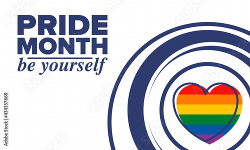 LGBTQIA Pride Month in June. Lesbian Gay Bisexual Transgender. Celebrated annual. LGBT flag. Rainbow love concept. Human rights and tolerance. Poster, card, banner and background. Vector illustration