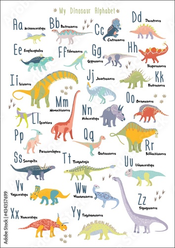Cute dinosaur alphabet. Each dinosaur is for each lettern for English Alphabet ABC. Dinosaurs are herbivores. A3 size. Vegetarians. Vector