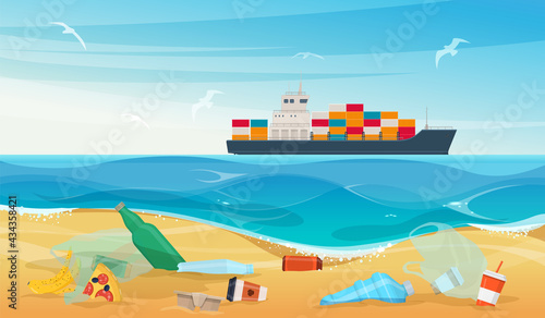 Ocean beach with trash and plastic waste. Plastic bottles, bags, organic waste and other rubbish on the sand. Cargo ship on the horizon. Vector illustration   