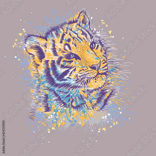 Greeting card for New Year of the Tiger 2022, tiger cub freehand drawing on a background of watercolor splashes and snowflakes. Illustration for printing on T-shirts, textiles and souvenirs.