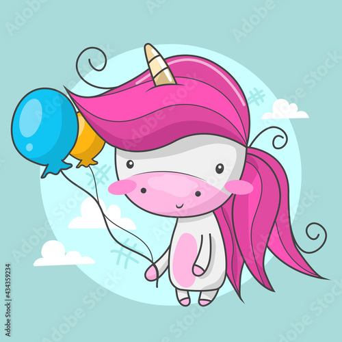 cute unicorn holding two balloons
