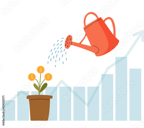Fotografia Watering can water the money tree. Growing money. Investment.