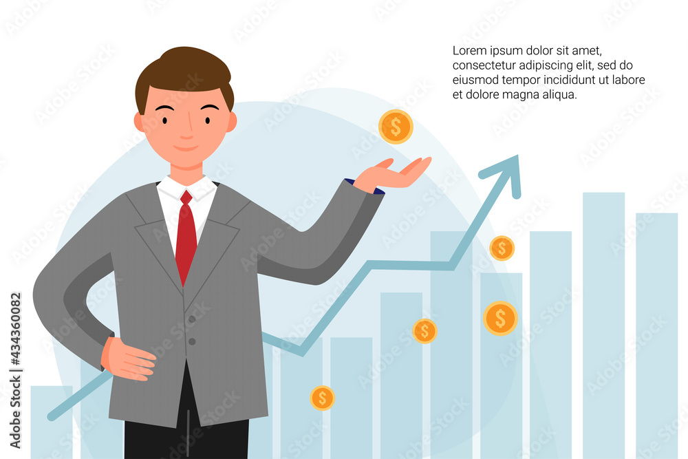 Man in a jacket successfully invests his money. A boy stands with coins in his hands on the background of graphs. Financial literacy. Investment training. Man in a jacket successfully invests his money. A boy stands with coins in his hands on the background of graphs. Financial literacy. Investment training.