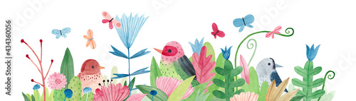 Photography Watercolor illustration with wildflowers, birds, herbs and butterflies