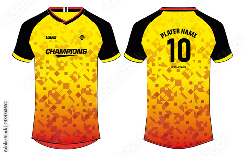 Sports jersey t shirt design concept vector template, V neck raglan sleeve Football jersey concept with front and back view for Soccer, Cricket, Volleyball, Rugby, tennis, badminton uniforms