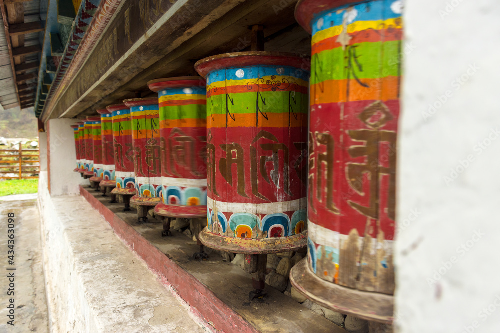 Buddhist preying wheel at Lachung monastery near Lachung village.