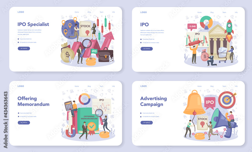 Initial Public Offerings specialist web banner or landing page set Initial Public Offerings specialist web banner or landing page set