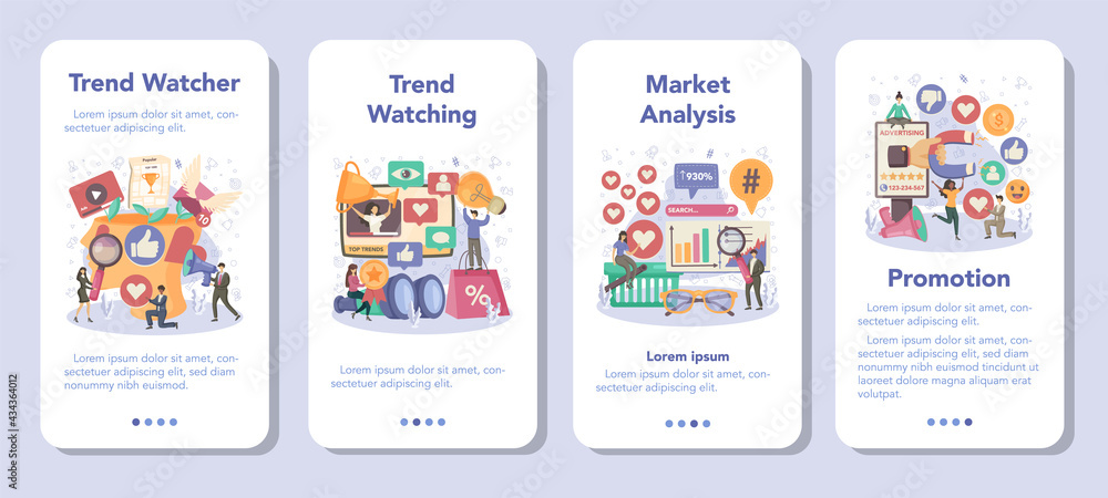 Trend watcher mobile application banner set. Specialist in tracking
