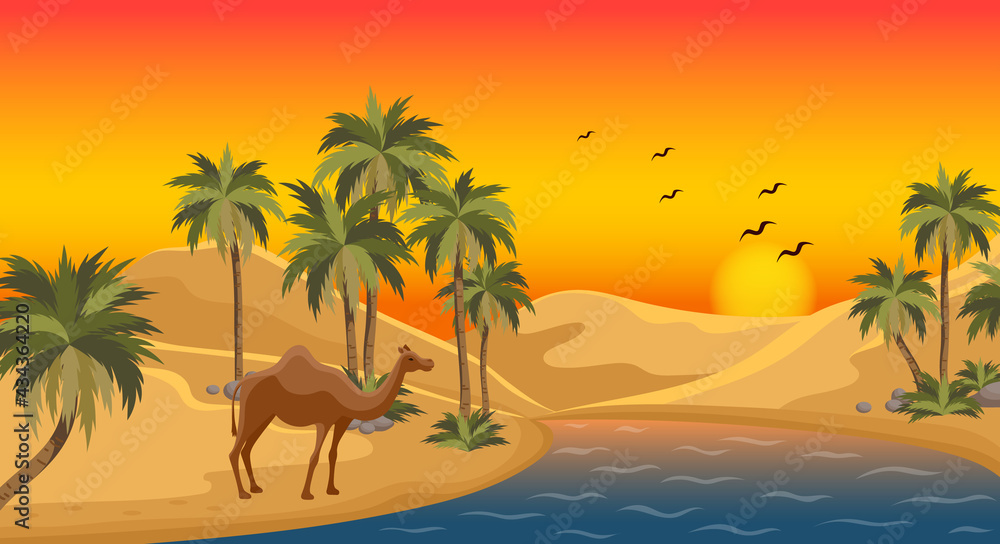 Oasis in the desert dunes. Flat design. Desert Oasis Camels Composition