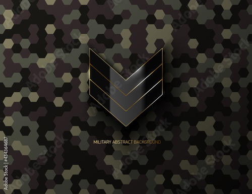 Military black glossy sergeant rank sign on hex pixel camouflage background. Modern army camouflage hexagon pixel texture. Futuristic dark camo background. Black sign with golden frame