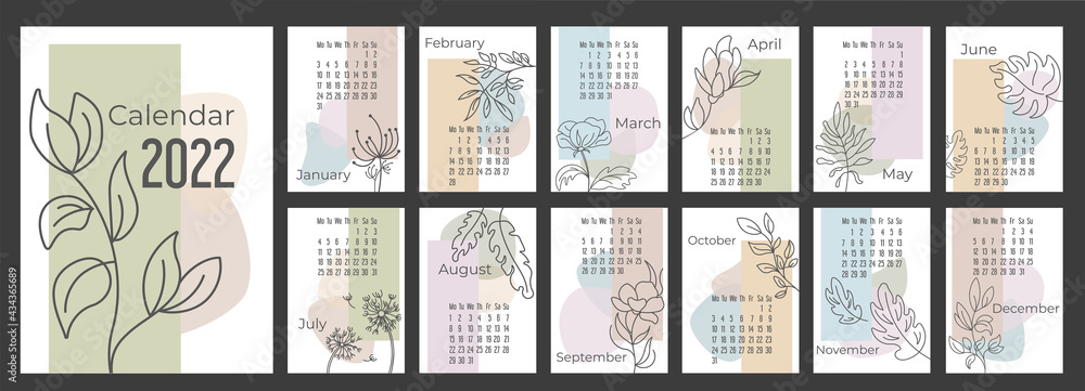 A4 calendar or planner 2022 trendy abstract figures with hand drawn botanic flowers. Cover and 12 monthly pages. Week starts on Monday vector illustration pastel colors A3 A2 A6