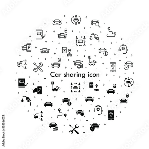 Car sharing flat line icons set. Collaborative consumption, car rental service, key, blocked car, pointer, searching of car. Simple flat vector illustration for store, web site or mobile app