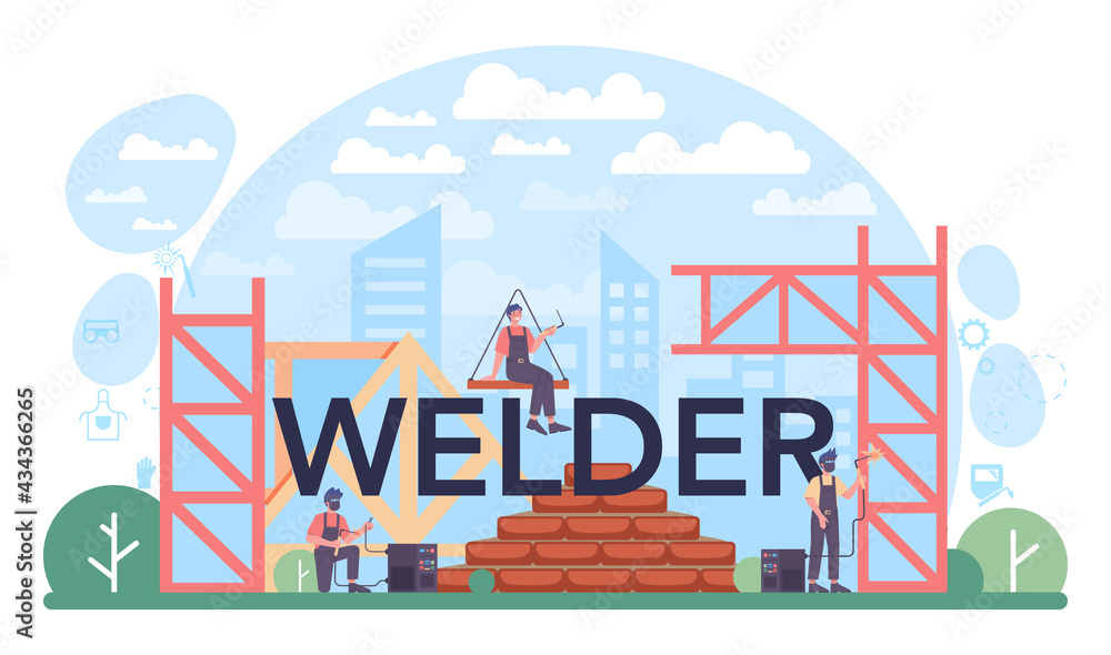 Welder typographic header. Professional welder in protective Welder typographic header. Professional welder in protective