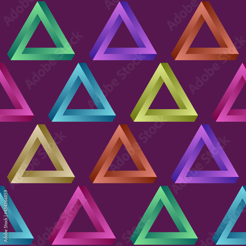 Seamless vector pattern with impossible gradient color triangles. Penrose optical illusion. Colorful  background. Vector illustration.