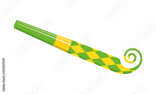Unrolling party blower, birthday horn. Green and yellow noisemaker with rhombus pattern isolated on white background. Side view of sound whistle. Vector cartoon illustration.