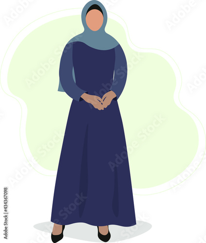 Arabic muslim woman in hijab and traditional abaya from UAE or Saudi Arabia, faceless model wear islamic clothes vector illustration 