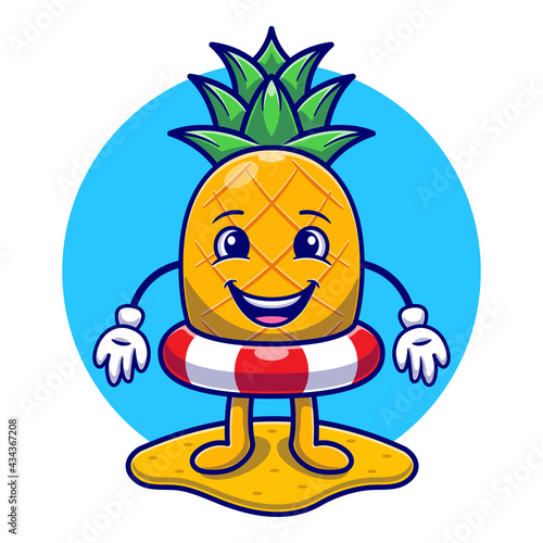 Summer with Cute Pineapple using swimming float flat illustration. Hello Summer Food and Fruits concept flat cartoon style