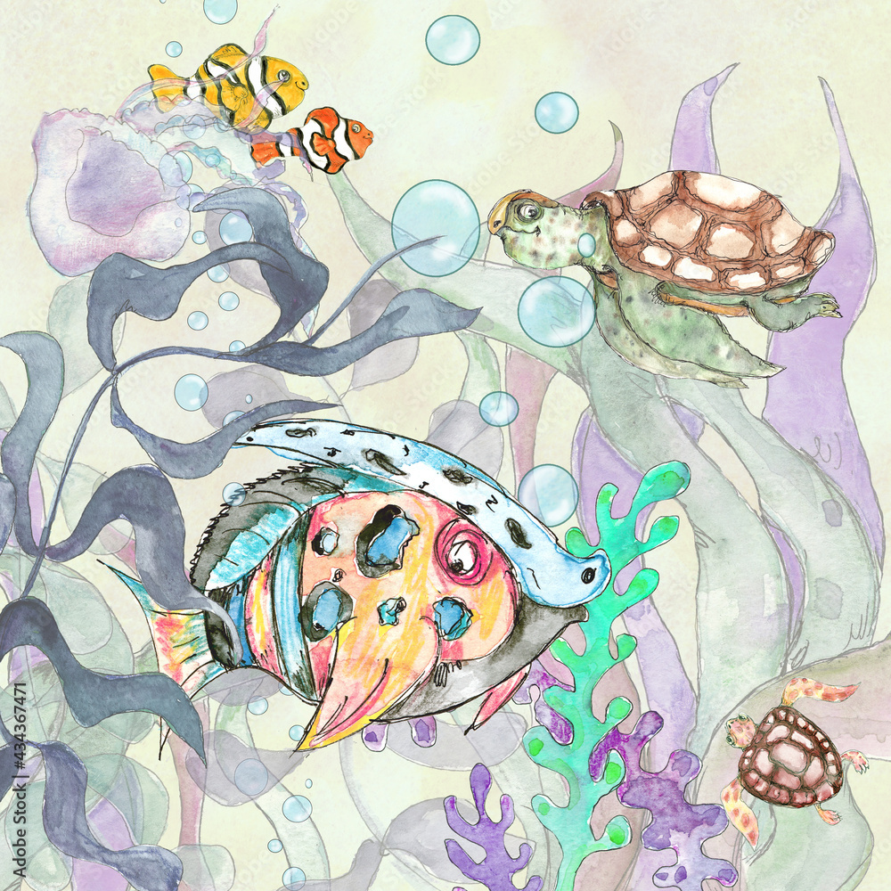 Fototapeta premium Watercolor underwater sea life whimsical children illustration 