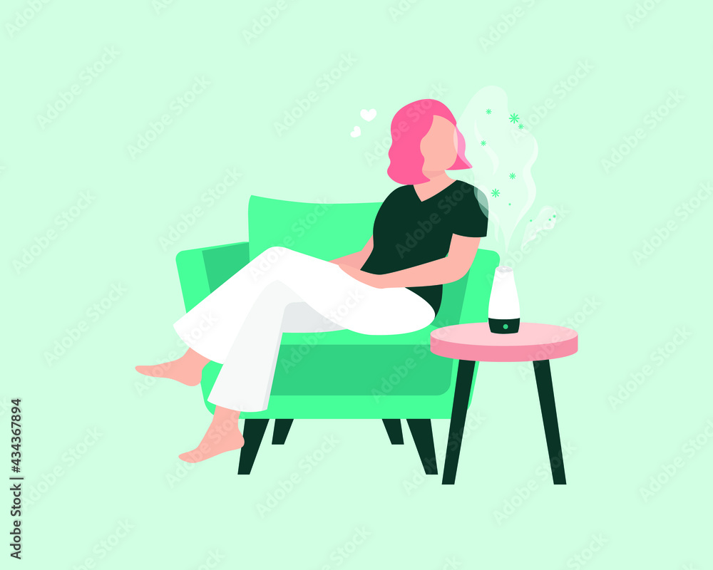 Young women relaxing on the couch while enjoying the aromatherapy by an essential oil fragrance diffuser flat vector Young women relaxing on the couch while enjoying the aromatherapy by an essential oil fragrance diffuser flat vector