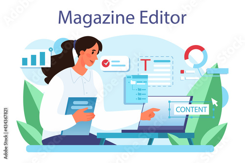 Magazine editor concept. Journalist and designer working on magazine