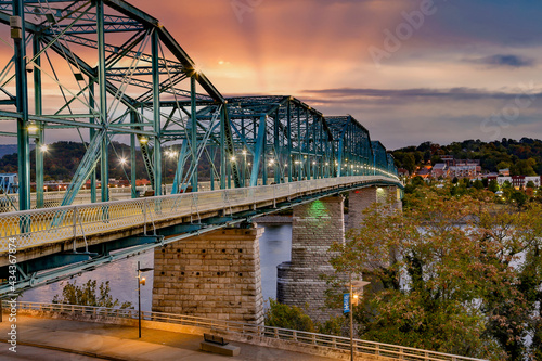 The Walnut street bridge at sunset, built in 1890, it was the first to connect Chattanooga, Tennessee's downtown with the North Shore.