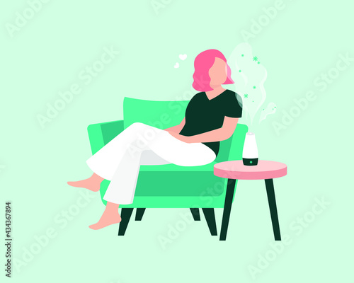 Young women relaxing on the couch while enjoying the aromatherapy by an essential oil fragrance diffuser flat vector 