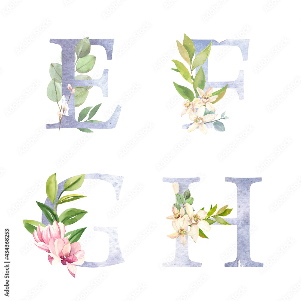 Hand painted watercolor floral alphabet, letters with flowers and leaf ...