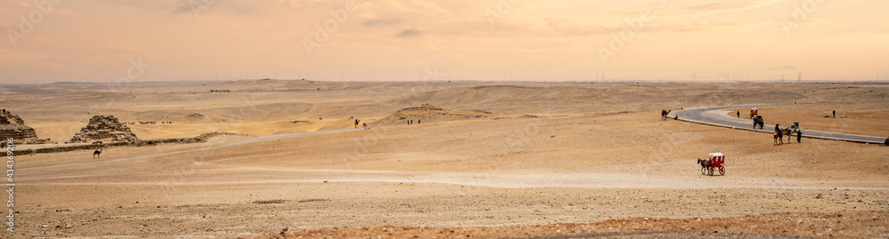 Panoramic Shot egyptian desert. Egyptian desert in Giza. Landscape in Egypt. Pyramid in desert. Africa. Wonder of the World. Copy space