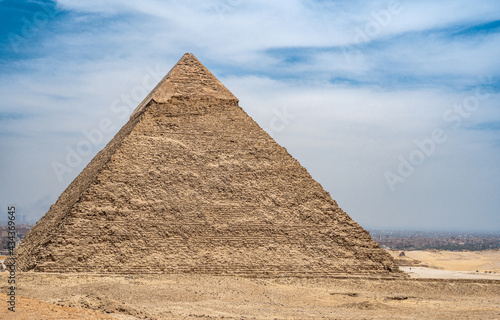 Pyramid of Khafre the second largest ancient Egyptian pyramid. Located next to the Great Sphinx, as well as the pyramids of Cheops Khufu and Mikerin Menkaura on the Giza Plateau.